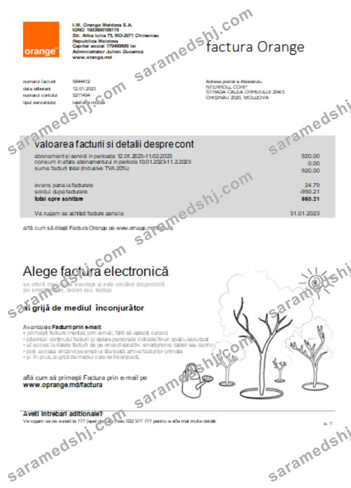 Moldova Orange Factura utility business bill, SCR